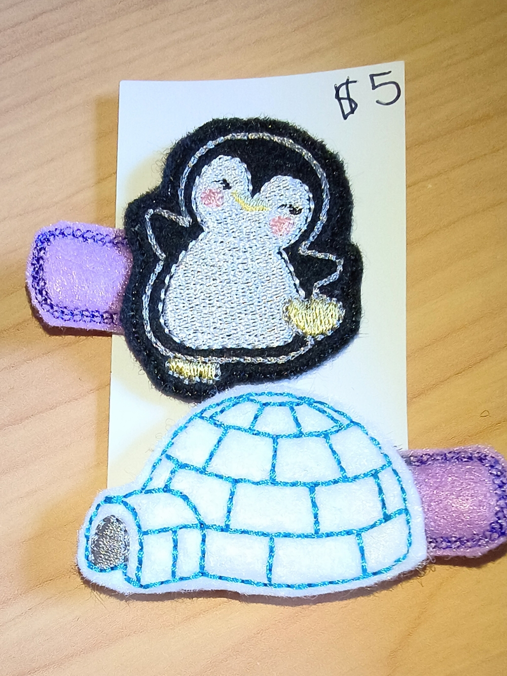 Penguin & Igloo Embroidered Hair Clips - Black, White, Purple